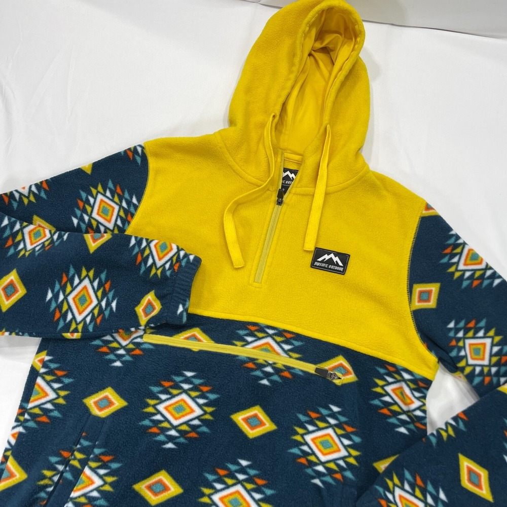 Massive Outdoor Fleece Hoodie Sweatshirt‎ Mens Small Aztec Southwest Yellow Blue